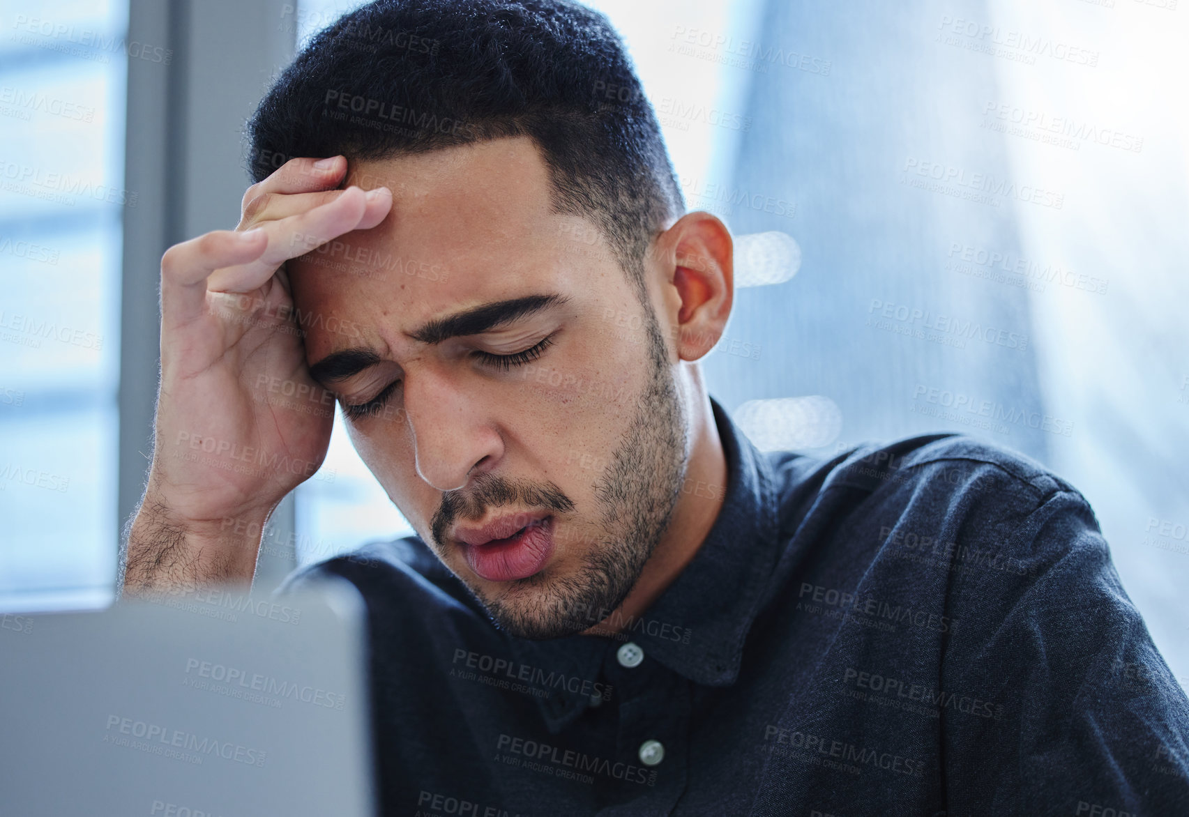 Buy stock photo Headache, fatigue and man with burnout in office and tired of business conflict. Frustrated, person and migraine pain with brain fog in workplace and health crisis from anxiety or worry for debt