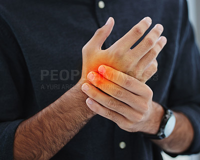 Buy stock photo Man, hands and inflammation or joint pain, stress and carpal tunnel or arthritis for tension. Male person, fingers and fibromyalgia or muscle fatigue or sprain, suffering and tendinitis for injury