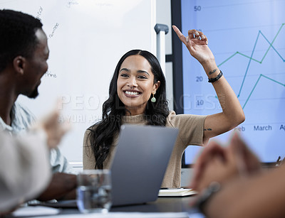 Buy stock photo Business people, question and woman in meeting, finance and planning for budget, accounting and consultant. Staff, group or employee with suggestion, brainstorming and teamwork with ideas or feedback
