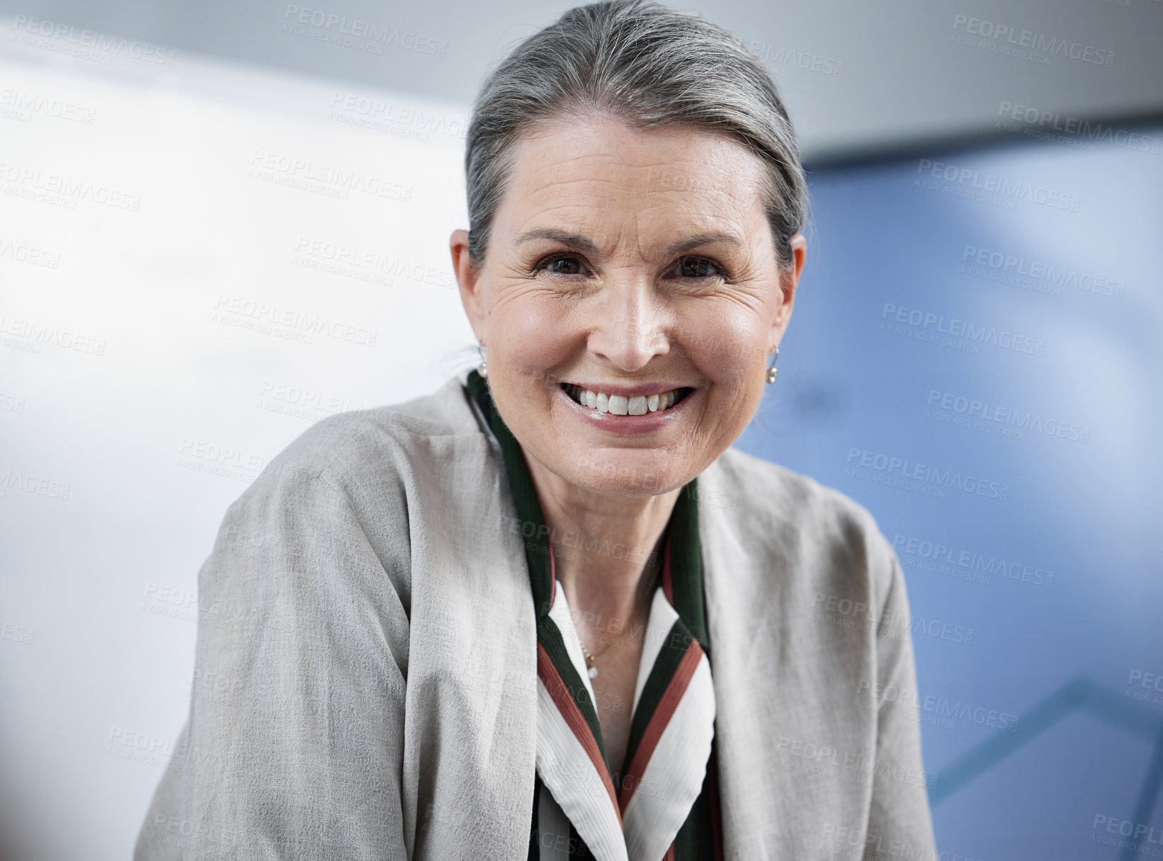 Buy stock photo Portrait, smile and mature businesswoman in boardroom, happy and professional in office workshop. Management, ceo or executive for corporate sales manager, face and mentor for brainstorming  