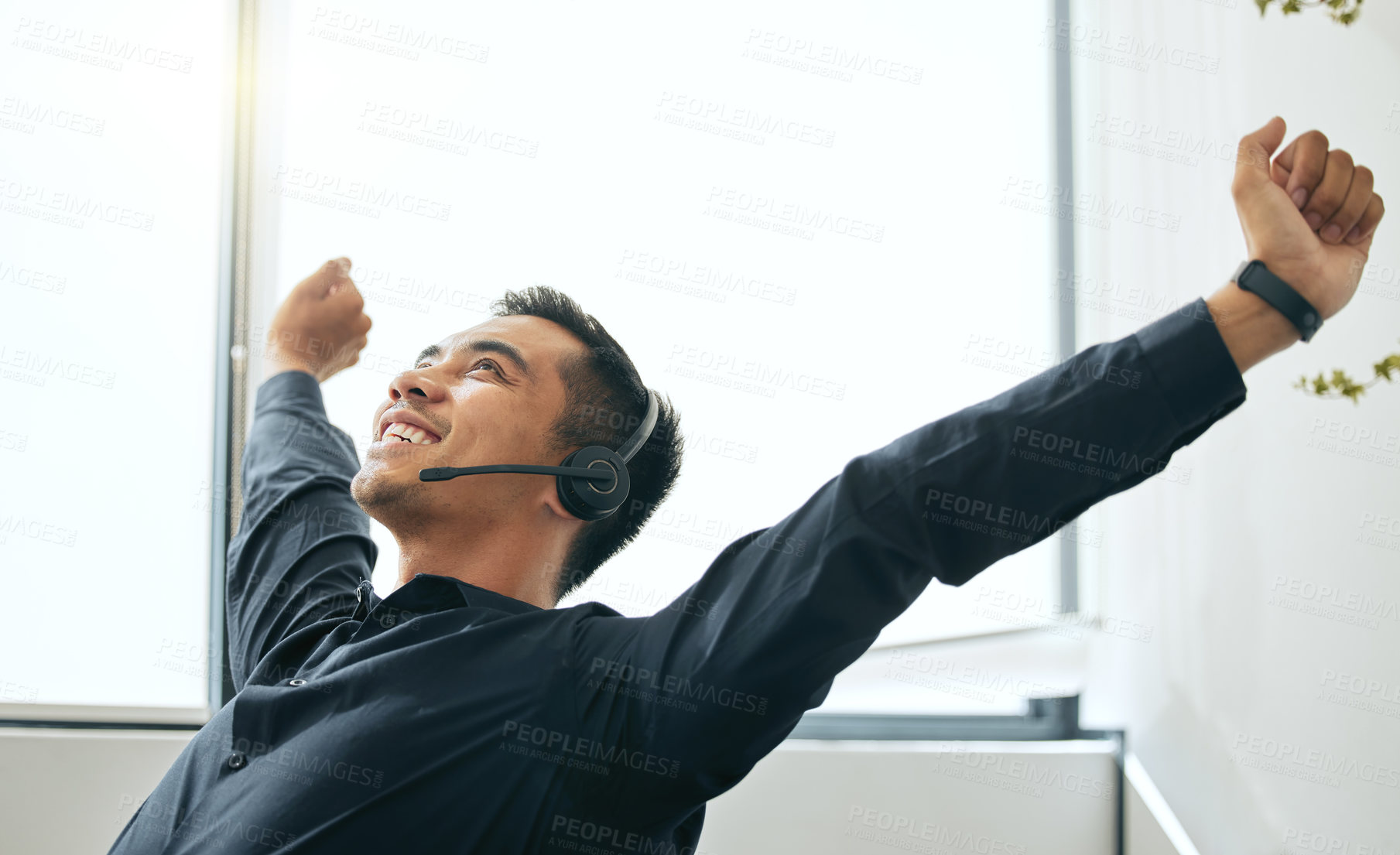 Buy stock photo Man, headset and consultant celebrate on sale in office, success and operator for deal or bonus. Excited male person, call centre and winner of lottery prize, broker and achieve target or victory