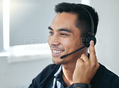 Buy stock photo Callcenter, phone call and happy man in customer service, telemarketing and headset at help desk. Advisor, salesman or virtual assistant in client care office, tech support or crm consulting agency