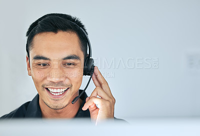 Buy stock photo Help desk, phone call and man in office for customer service, telemarketing and headset at callcenter. Advisor, salesman or virtual assistant in client care, tech support or crm consulting agency
