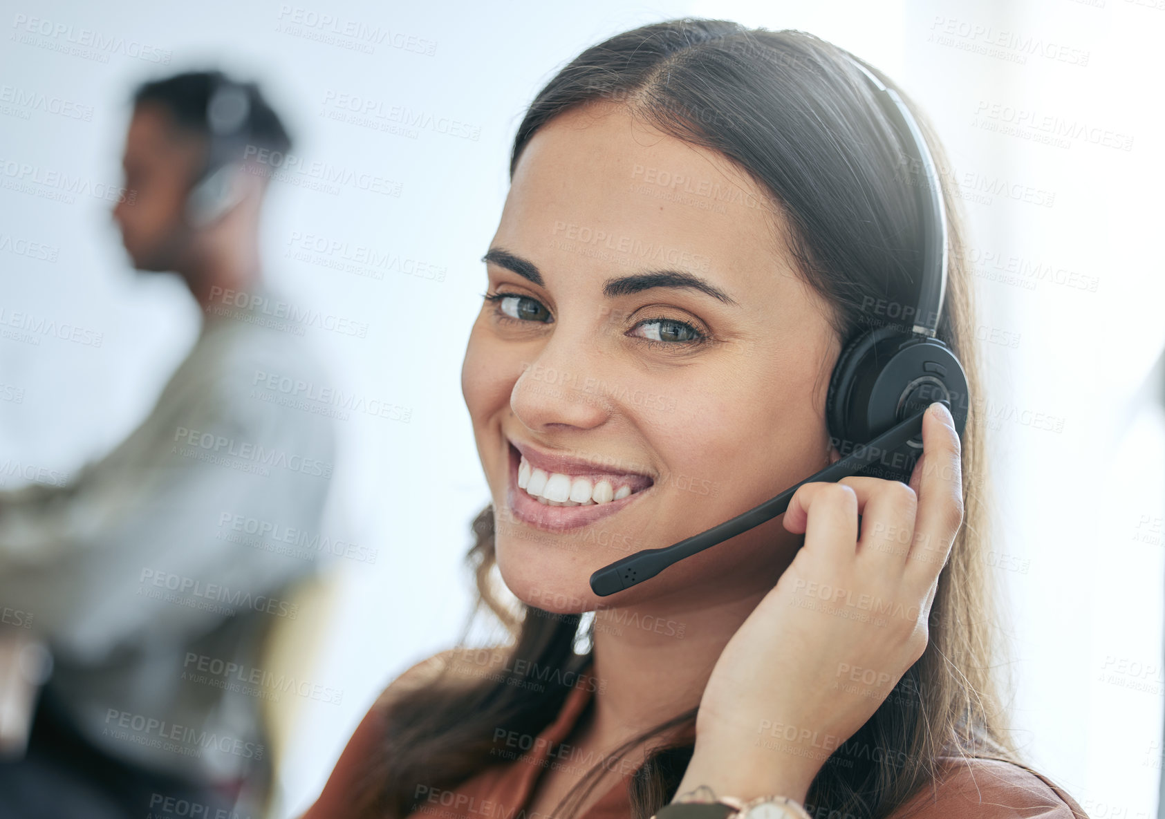 Buy stock photo Callcenter, phone call and portrait of woman in office for customer service, telemarketing and headset at help desk. Advisor, agent or virtual assistant in client care, tech support or crm consulting