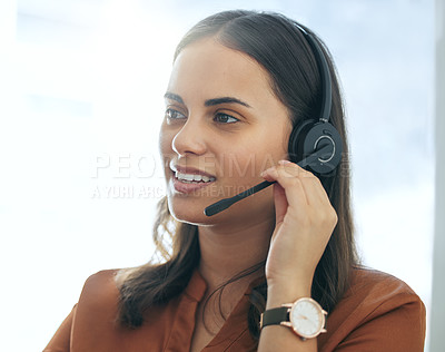 Buy stock photo Callcenter, phone call and woman in office consulting for customer service, telemarketing and headset at help desk. Advisor, sales agent or virtual assistant in client care, tech support and voip.