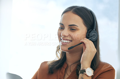 Buy stock photo Callcenter, phone call and happy woman in office for customer service, telemarketing and headset at help desk. Advisor, sales agent or virtual assistant in client care, tech support or crm consulting
