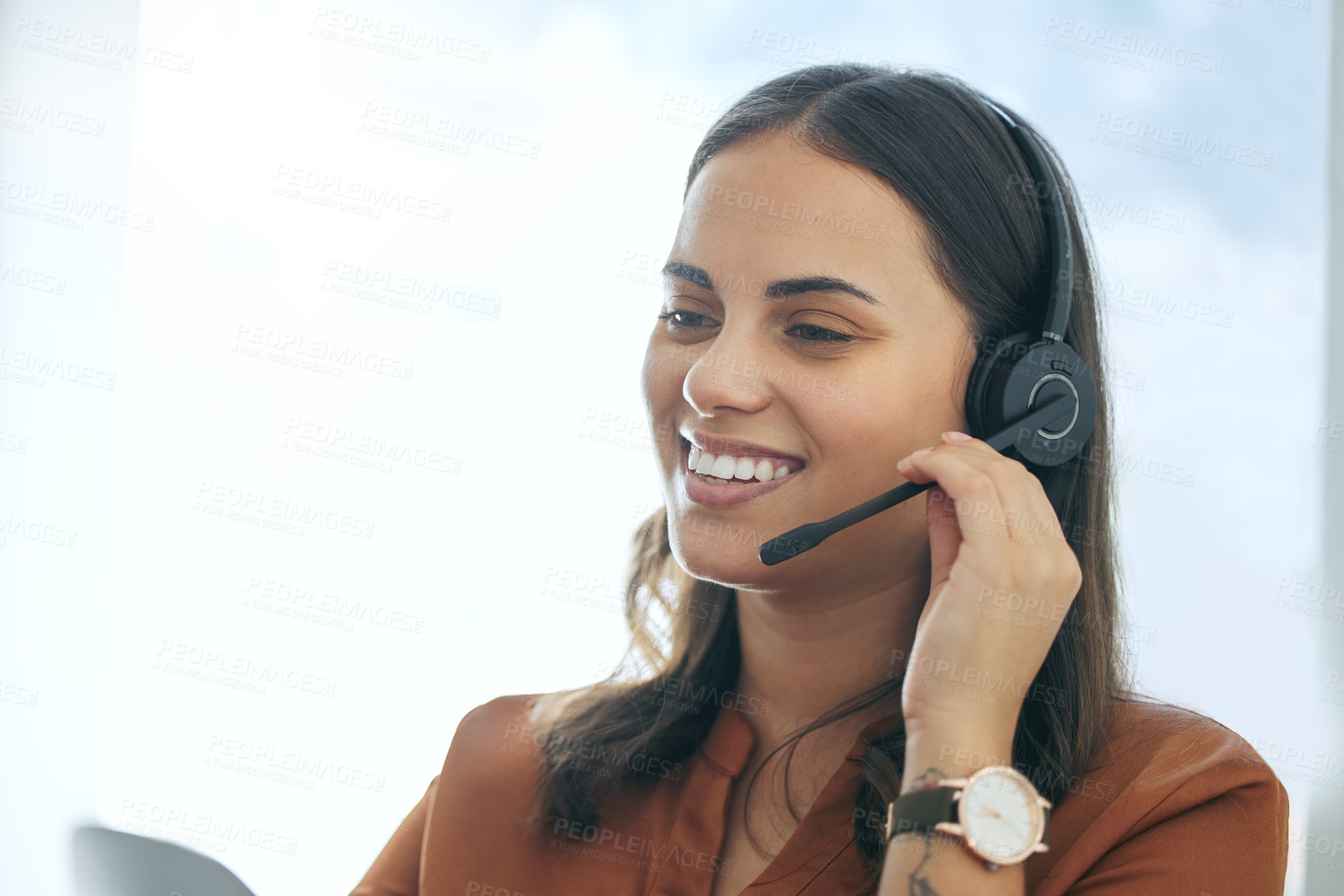 Buy stock photo Callcenter, phone call and happy woman in office for customer service, telemarketing and headset at help desk. Advisor, sales agent or virtual assistant in client care, tech support or crm consulting