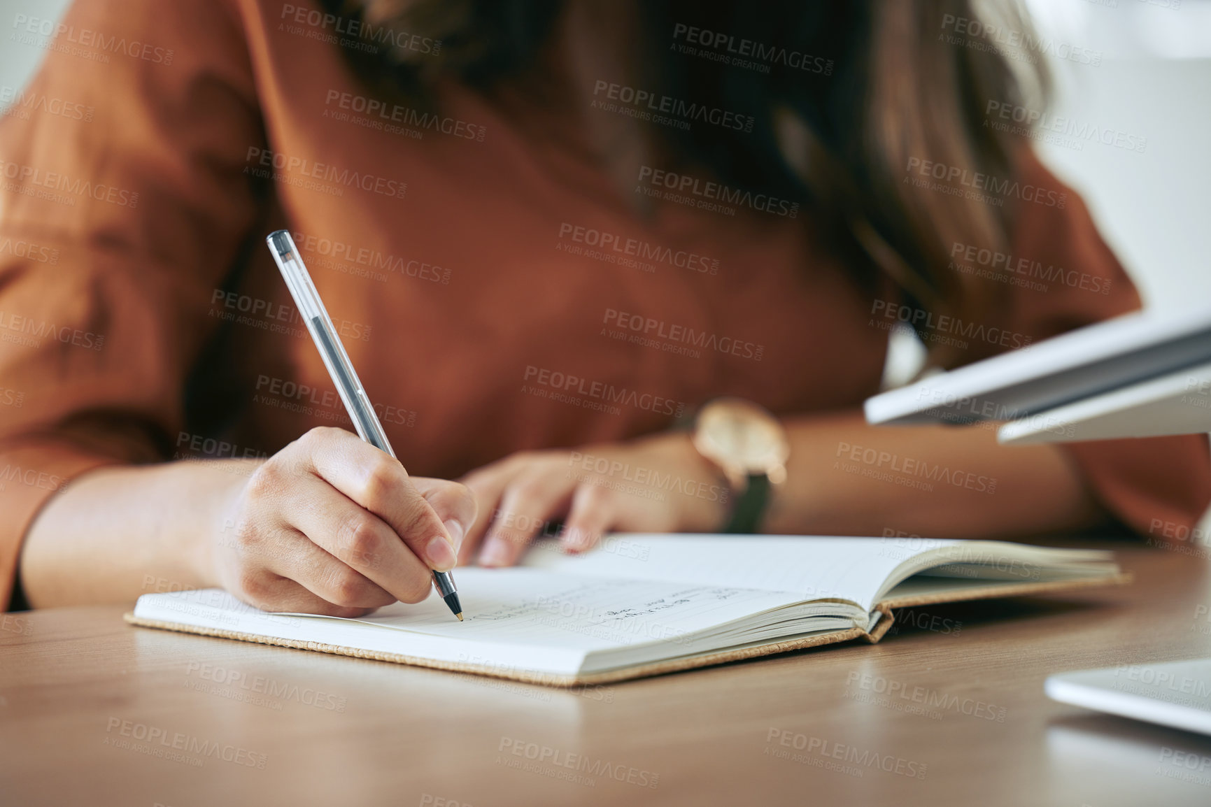 Buy stock photo Writing, planning and hands with a notebook for a strategy, goal or professional schedule at a desk. Business, working and a secretary or receptionist with a book for an agenda, plan or an idea