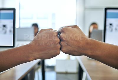 Buy stock photo Fist bump, business people and team for deal or agree in office, trust and support with project. Partners, employees and thank you in coworking space, unity and work friendship or gesture for win