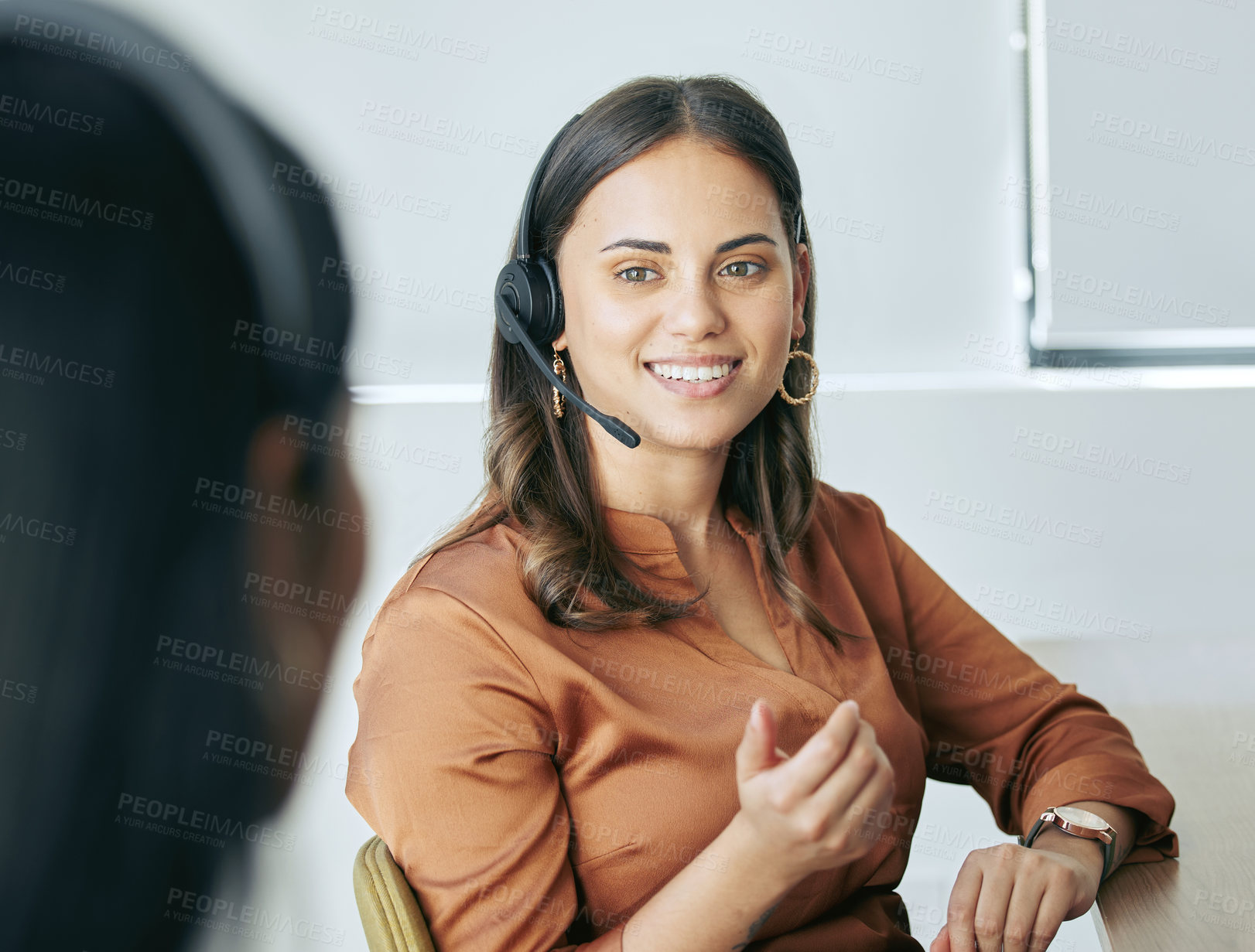 Buy stock photo Call center, woman and chat with colleague, workplace and business of telemarketing, company and sales. Office, smile and talking to friend, coworker and happiness for break, job and customer service