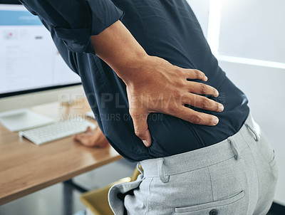 Buy stock photo Hand, body or businessman with back pain injury, fatigue or burnout crisis in workplace, office or startup company. Spine posture, tired developer or injured web designer frustrated by muscle tension