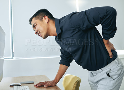 Buy stock photo Computer, body or businessman with back pain injury, fatigue or burnout crisis in workplace, office or startup. Spine posture, tired developer or injured web designer frustrated by muscle tension