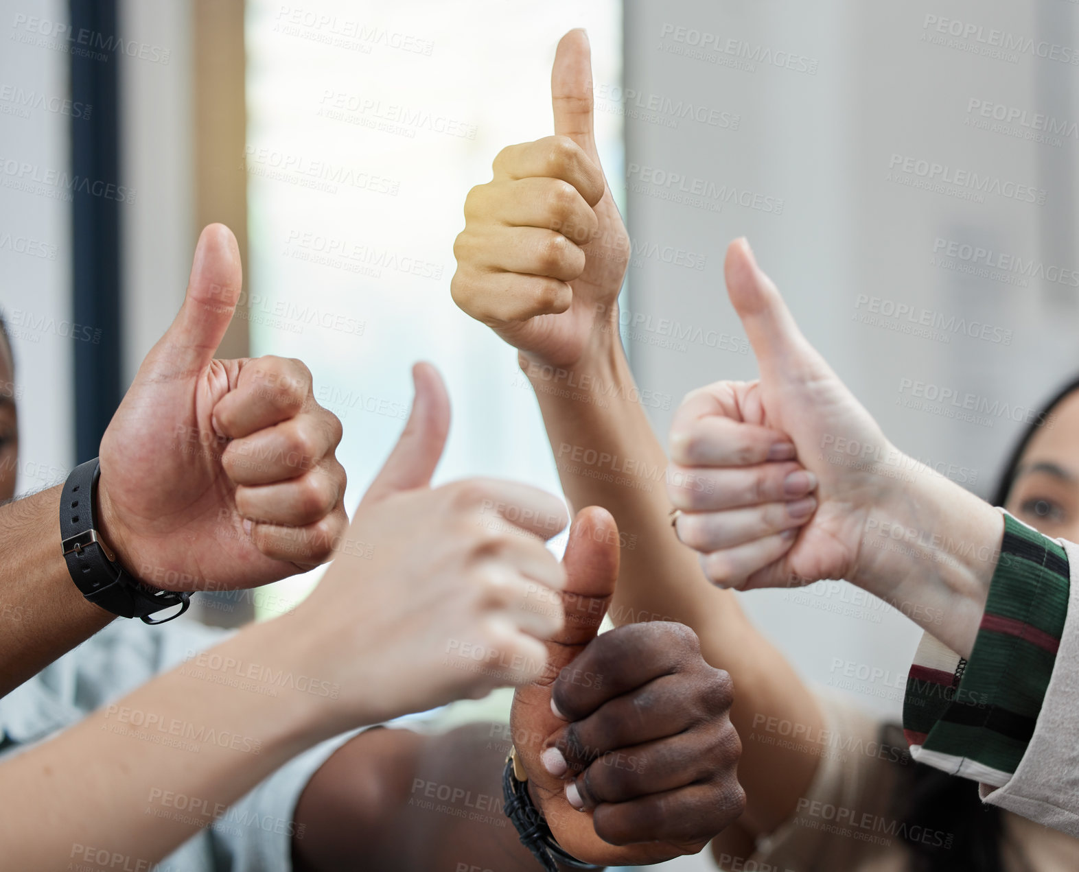 Buy stock photo Closeup shot of a group of unrecognisable businesspeople showing thumbs up