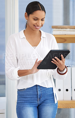 Buy stock photo Happy, businesswoman and tablet for research, planning or feedback on company project. Connection, technology and networking with female employee typing email for office communication on proposal