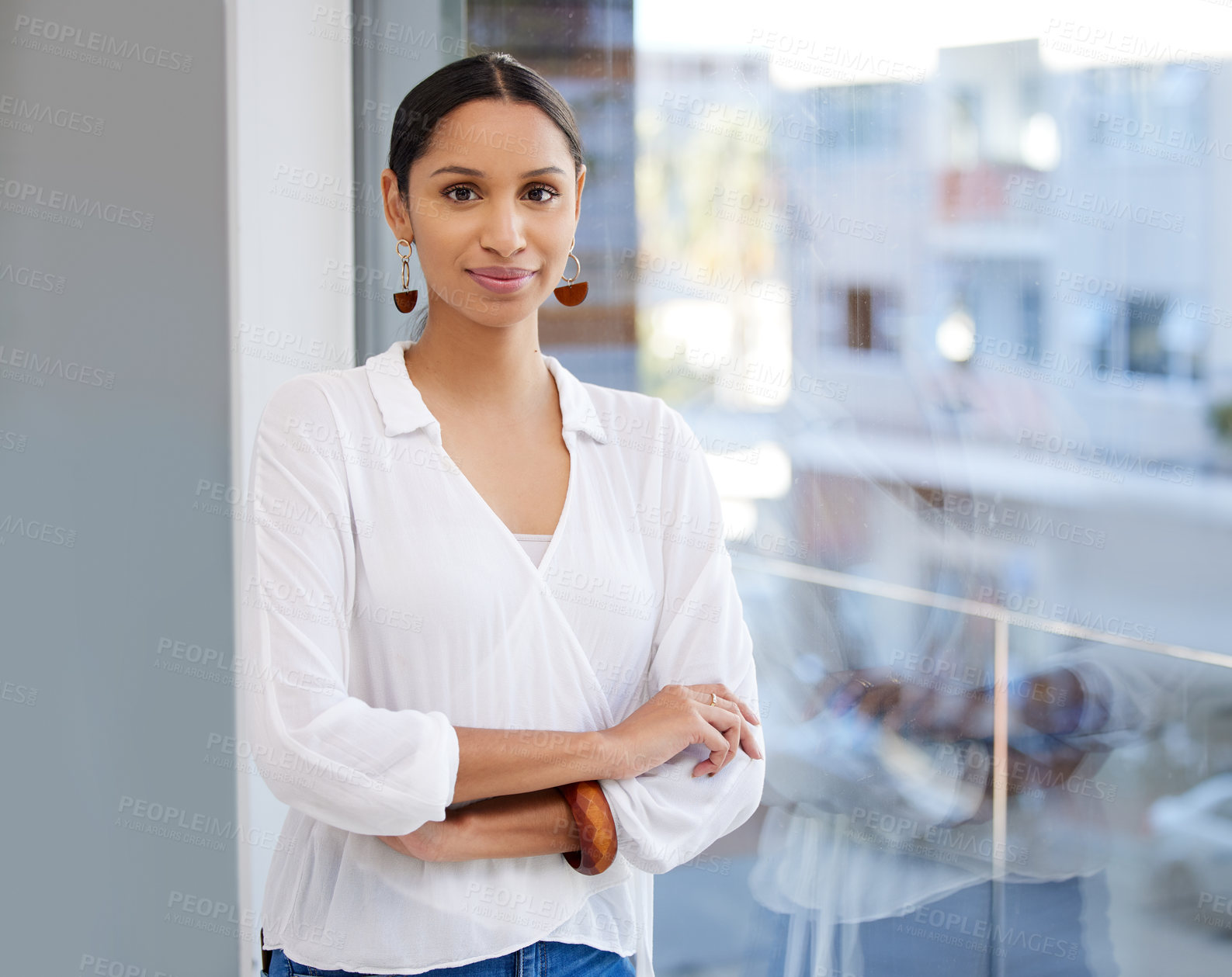 Buy stock photo Creative, happy and portrait of girl in office building of designer company and editor for agency. Woman, arms crossed and confident in workplace in Atlanta, professional and ready for business task.