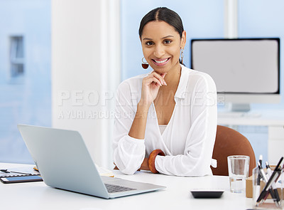 Buy stock photo Creative, laptop and portrait of girl in office building of designer company and editor for agency. Woman, happy and technology for proofreading online article in Atlanta, professional and positive.