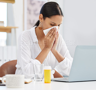 Buy stock photo Sick, business woman and blowing nose in office for bacteria, allergy or covid virus by laptop in creative startup. Sneeze, tissue paper and worker with health problem, flu or receptionist with fever