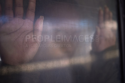 Buy stock photo Hands, window and trapped in dark for depression, escape and person on train with mental health, anxiety and fear. Glass, scared and leaving for lonely, sad and recovery from pain, misery and loss