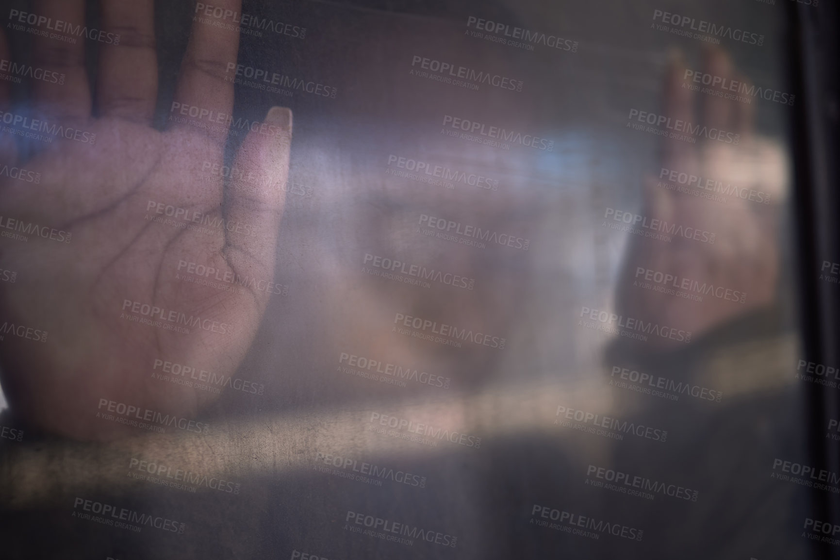 Buy stock photo Hands, window and trapped in dark for depression, escape and person on train with mental health, anxiety and fear. Glass, scared and leaving for lonely, sad and recovery from pain, misery and loss