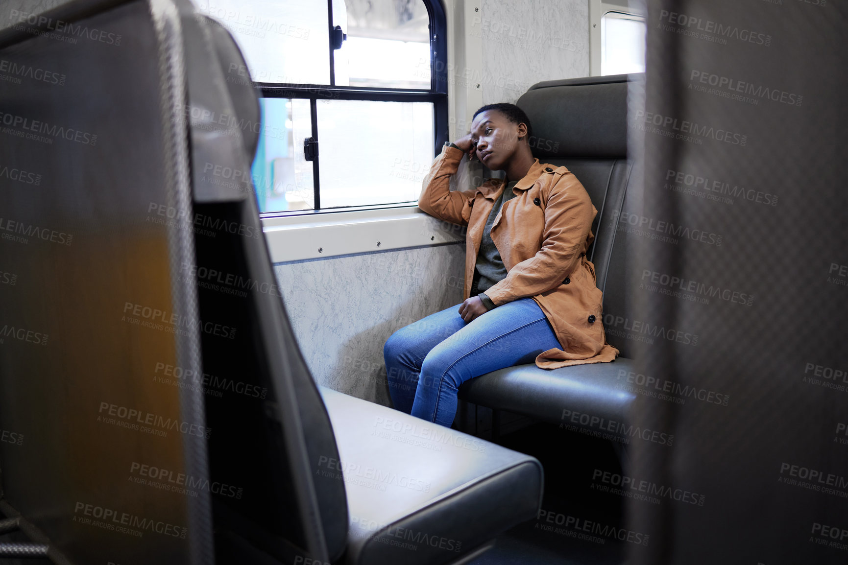 Buy stock photo Woman, sad and depression by window in train for bad memory, thinking or lonely on public transport. African girl, person and tired with anxiety, lost or stress for future in subway on railway travel