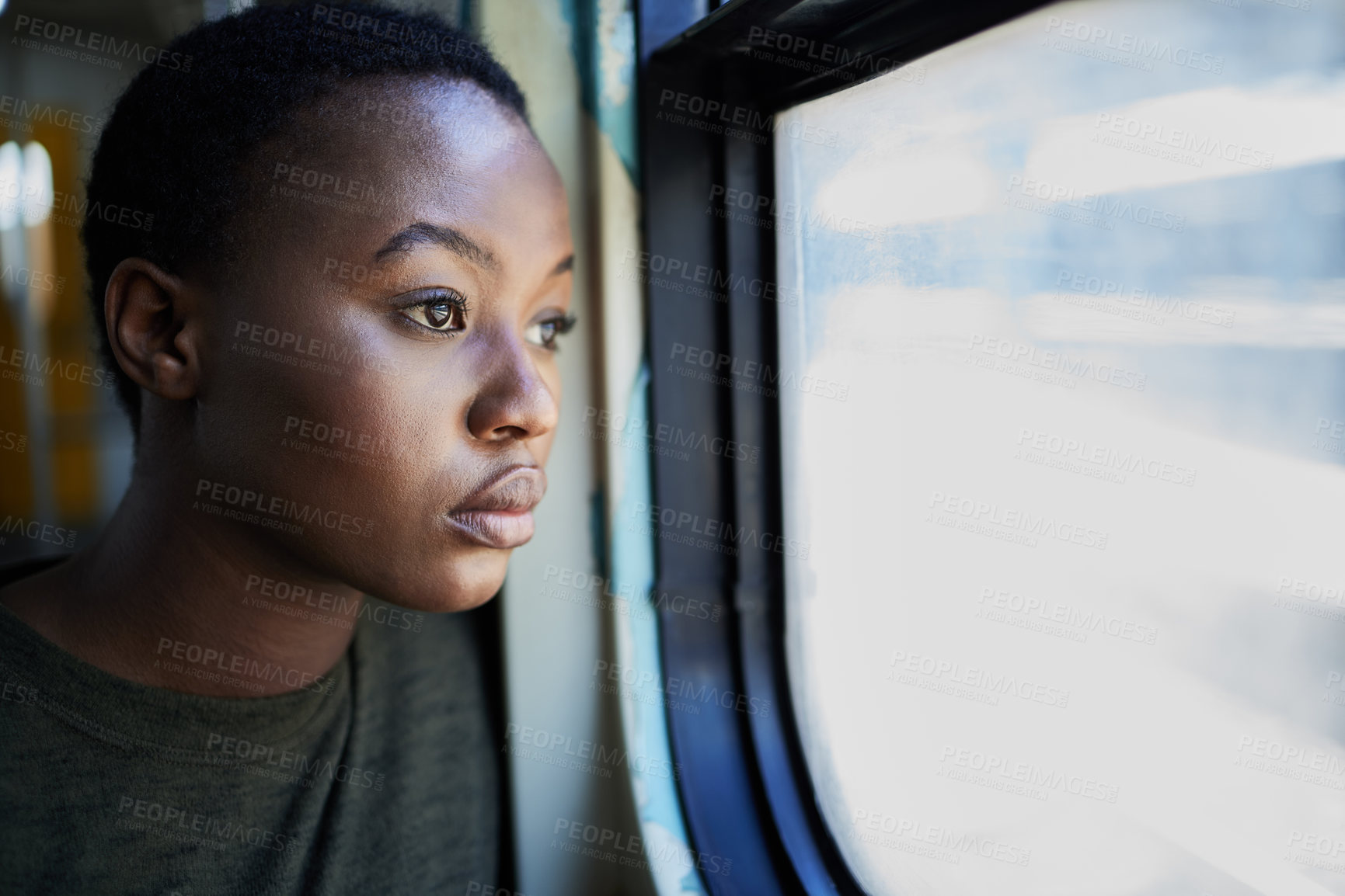 Buy stock photo Woman, sad and thinking by window in train for bad memory, depression or lonely on public transport. African girl, person and tired with anxiety, lost or stress for future in subway on railway travel