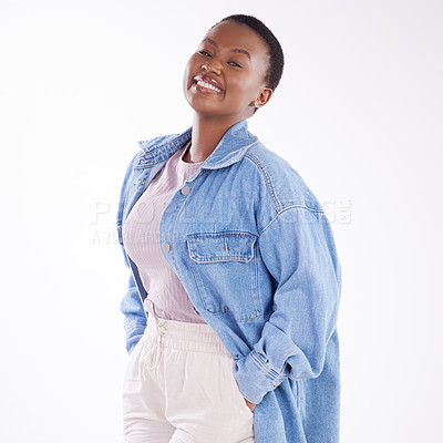 Buy stock photo Fashion, black woman and studio portrait with smile in denim shirt for winter style, warm outfit and comfort. Female person, smile and confident isolated in white background for mock up and trendy