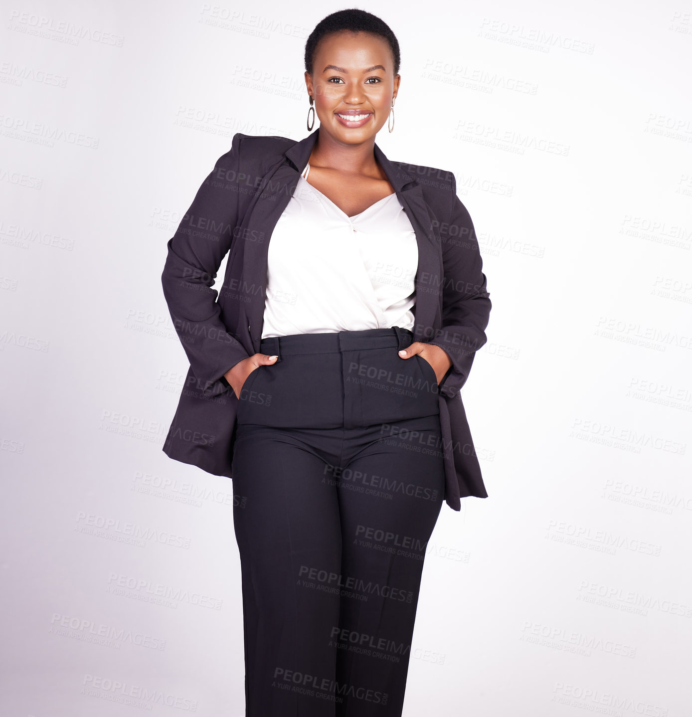 Buy stock photo Happy, business woman and fashion with formal suit for confidence in career isolated in studio. African female person, model and beauty with smile for corporate clothes with white background