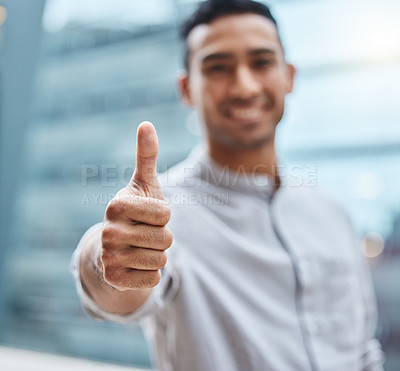 Buy stock photo Man, business and thumbs up with hand for success or good job or news, thank you and agreement for project. Person, well done and sign for approval or yes for partnership, reputation and achievement.