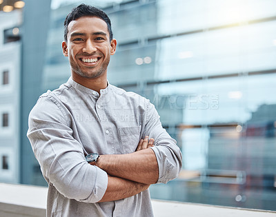 Buy stock photo Portrait, smile and businessman in city with arms crossed for confidence, entrepreneurship or start up. Male developer, happy and proud with company progress for career, job or corporate employment
