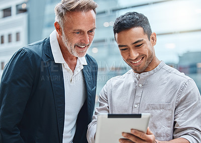 Buy stock photo Intern, tablet and manager talking to employee for mentorship, collaboration or teamwork. Men, tech and discussion together in city for management, partnership and corporate leadership or guidance