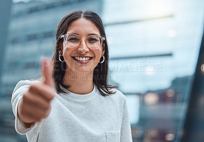 Buy stock photo Success, portrait of businesswoman and thumbs up in city for winning. Thank you or like, feedback or motivation and happy or cheerful young woman with hand gesture for achievement or agreement