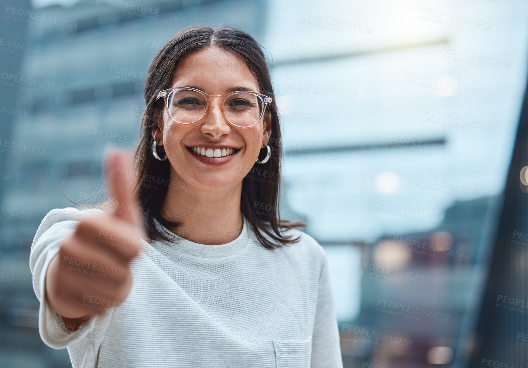 Buy stock photo Success, portrait of businesswoman and thumbs up in city for winning. Thank you or like, feedback or motivation and happy or cheerful young woman with hand gesture for achievement or agreement