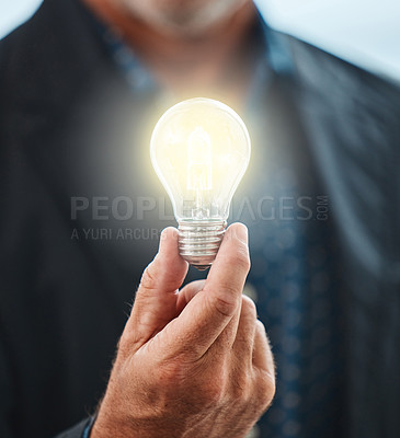 Buy stock photo Business, man and hand with light for idea, innovation and creative knowledge for vision for sustainability. Growth, solution and renewable energy, electricity and power saving for eco plan 