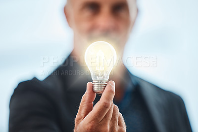 Buy stock photo Business, man and hand with light for vision, innovation and creative knowledge for bright idea for sustainability. Growth, solution and renewable energy, electricity and power saving for eco plan