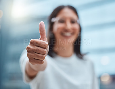 Buy stock photo Girl, business and thumbs up with hand for success or good job or news, thank you and agreement for project. Woman, gesture and sign for approval or yes for partnership, winning and achievement.