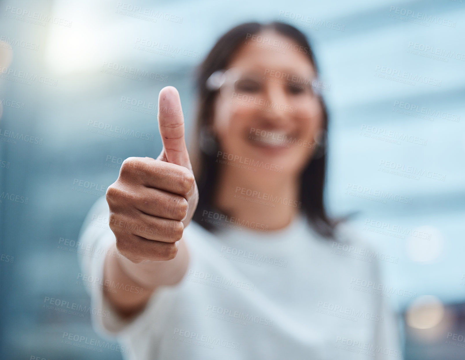 Buy stock photo Girl, business and thumbs up with hand for success or good job or news, thank you and agreement for project. Woman, gesture and sign for approval or yes for partnership, winning and achievement.