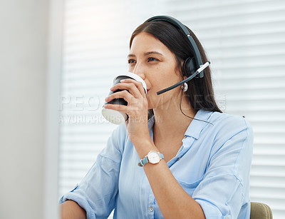 Buy stock photo Drink, coffee or woman consultant in call center talking or networking online in a telecom office. Tea beverage, support or virtual assistant in communication or conversation at customer services