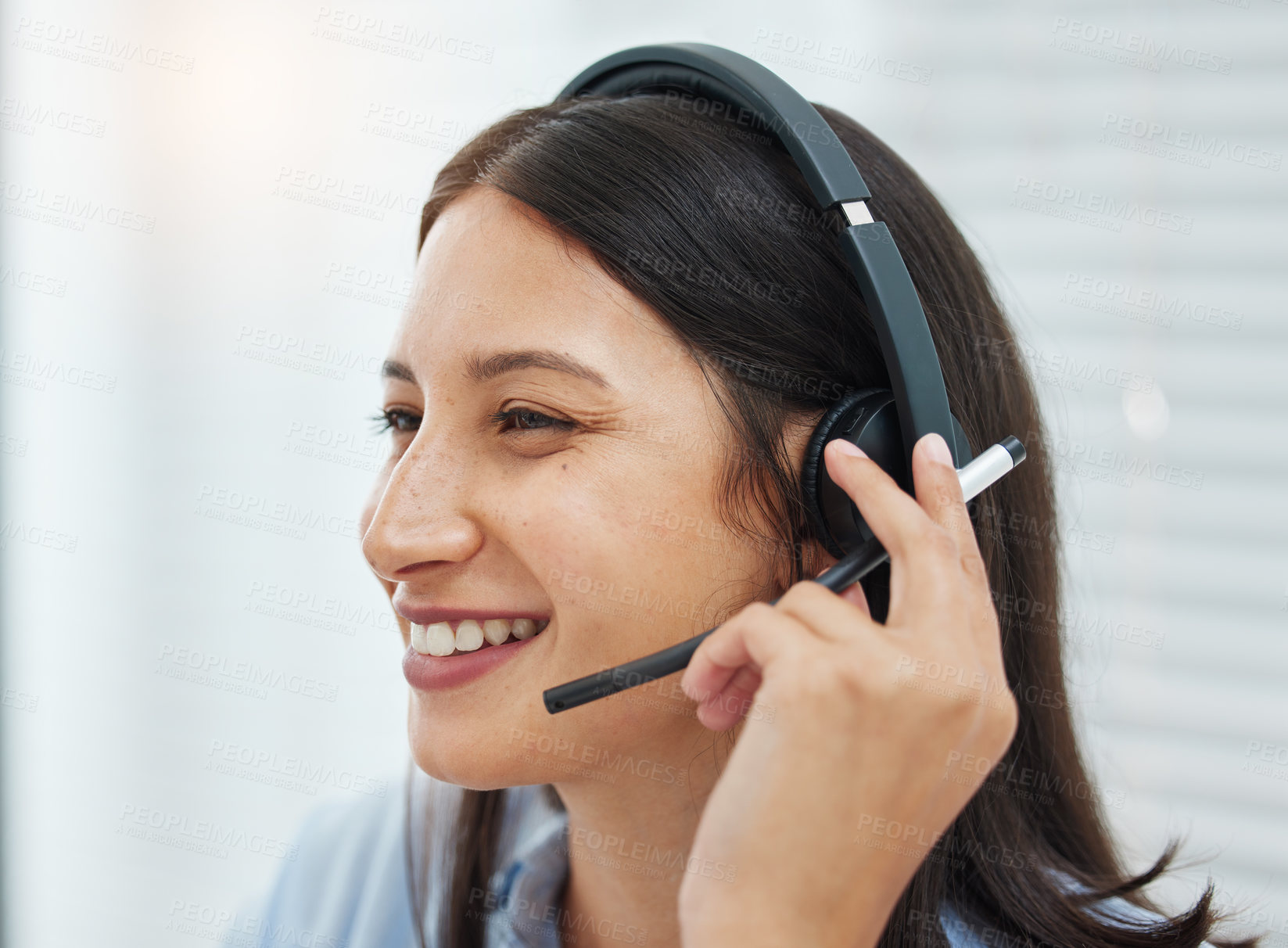 Buy stock photo Callcenter, contact us or woman consulting in office in customer support, crm or b2b networking. Telemarketing, insurance or consultant in friendly faq service, inbound marketing or virtual assistant