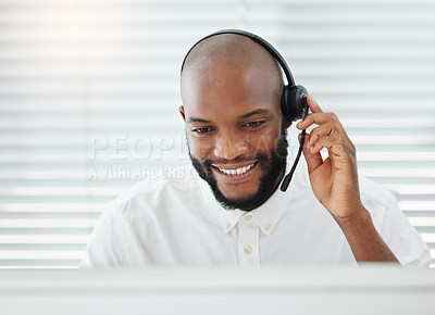 Buy stock photo Computer, agent or black man consultant in call center talking or networking online in telecom headset. Smile, sales support or virtual assistant in communication or conversation at customer services