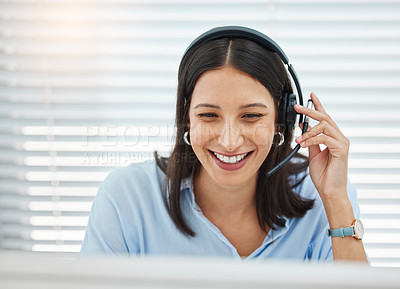 Buy stock photo Computer, agent or happy woman consultant in call center talking or networking online in a telecom office. Smile, support or virtual assistant in communication or conversation at customer services