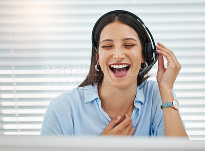 Buy stock photo Computer, funny joke or woman consultant in call center talking or networking online in telecom business. Laughing, happy or virtual assistant in communication or conversation at customer services 
