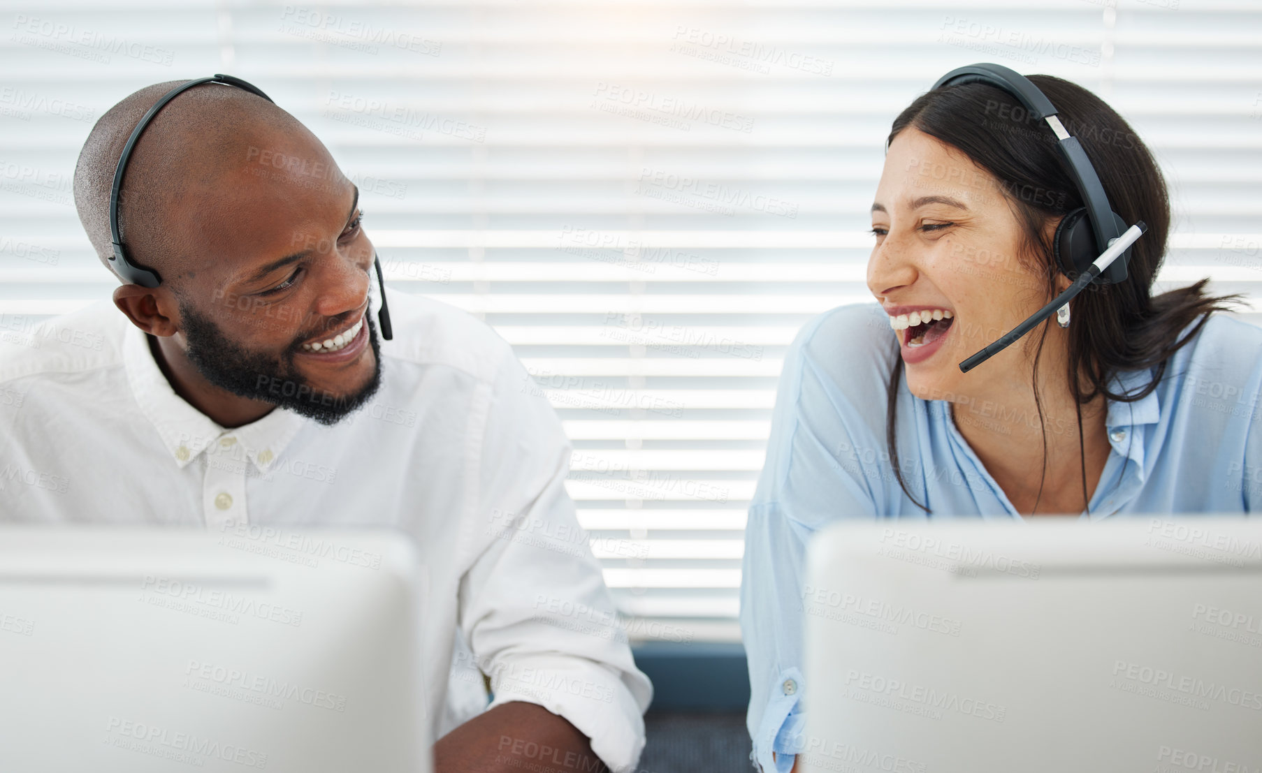 Buy stock photo Coworking, laughing or people consulting in call center talking or networking online in telecom office. Joke, sales team or virtual assistants in communication for diversity or customer services 