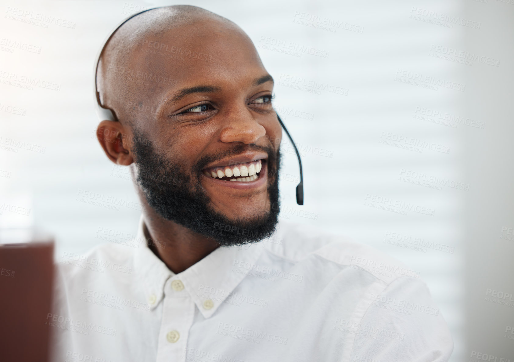 Buy stock photo Face, laughing or black man consulting in call center talking or networking online in telecom headset. Smile, sales support or virtual assistant in communication or conversation at customer services 