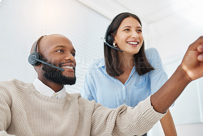 Buy stock photo Training, leader or people consulting in call center for advice, talking or networking online in telecom. Learning, sales team or virtual assistants on computer for coaching help or customer services