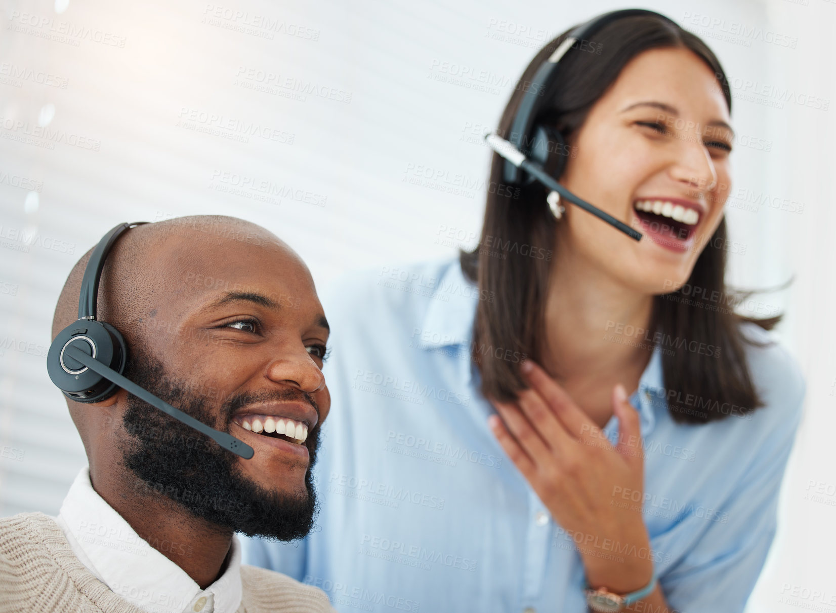 Buy stock photo Training, call center or business people laugh in office for learning, about us or customer service advice. Telemarketing, outsourcing or man with funny mentor or crm comic, teaching or faq management