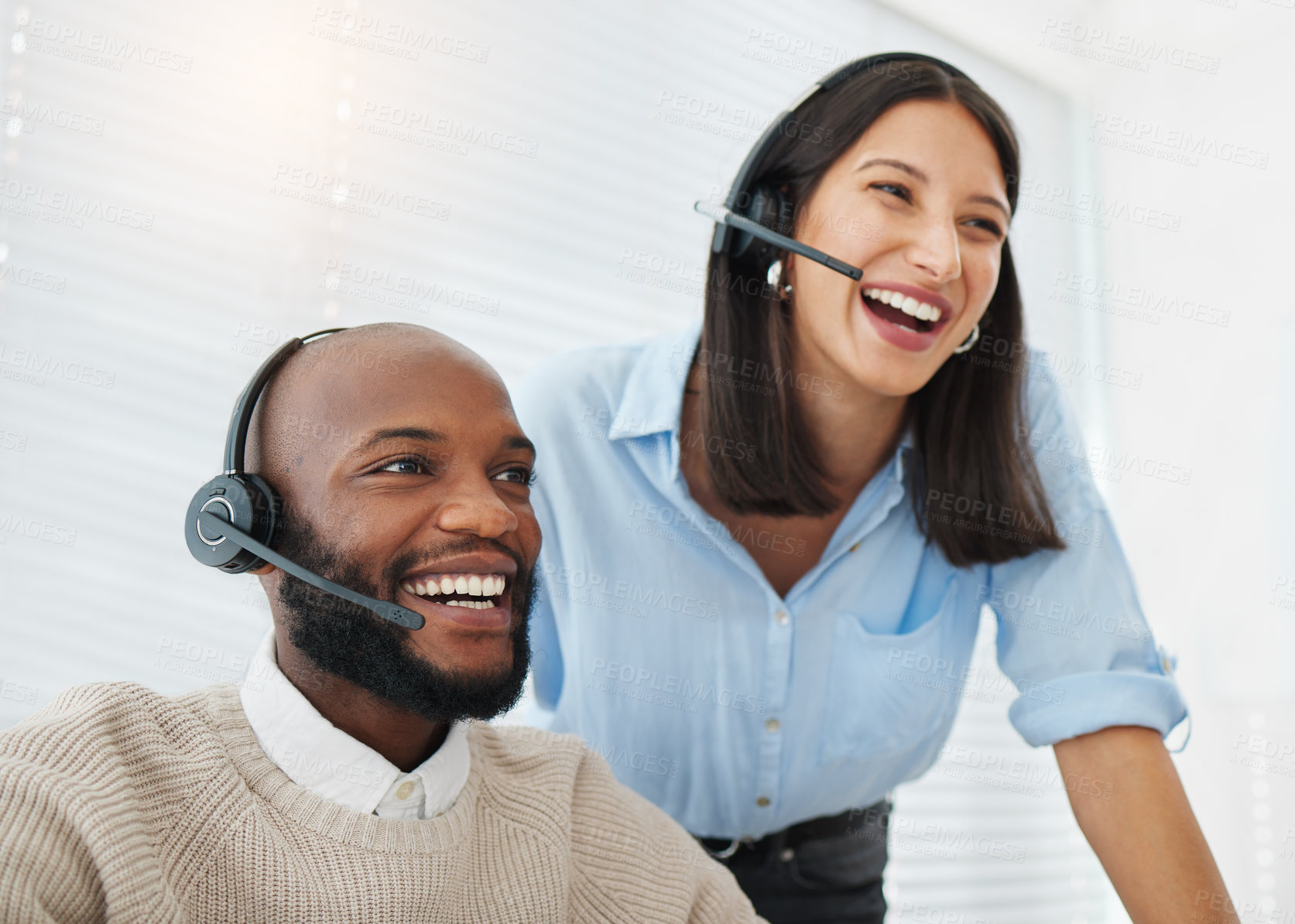 Buy stock photo Training, laughing or people consulting in call center for advice, talking or networking online in telecom. Learning, teamwork or funny sales agents on computer for coaching help or customer services