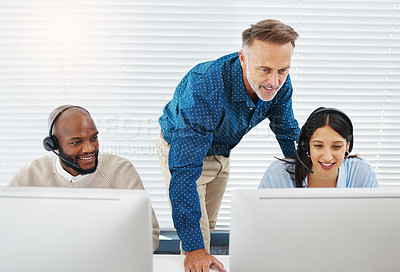 Buy stock photo Call center, training or happy people on computer in office for learning, contact us or customer support. Telecom, outsourcing or inbound marketing team and mature lead generation mentor for coaching