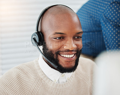 Buy stock photo Face, smile or black man consulting in call center networking online on computer in telecom agency. Happy, sales support or virtual assistant in communication or conversation at customer services