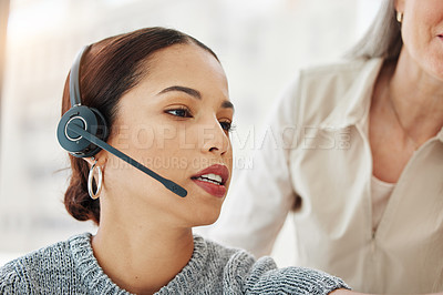 Buy stock photo Training, computer or face of women in call center for advice, telecom business or networking online. Office, teamwork or sales agent learning telemarketing for coaching help or customer services