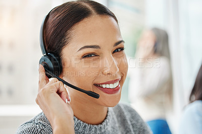 Buy stock photo Portrait, sales or happy woman consultant in call center talking or networking online in telecom support. Smile, headset or virtual assistant in communication or conversation at customer services